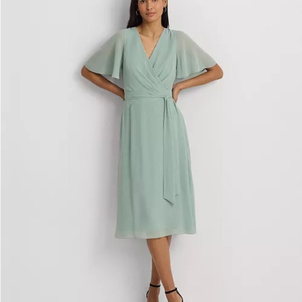 Ralph Lauren Belted Georgette Fit-and-flare Midi Dress Green Women's Size 14